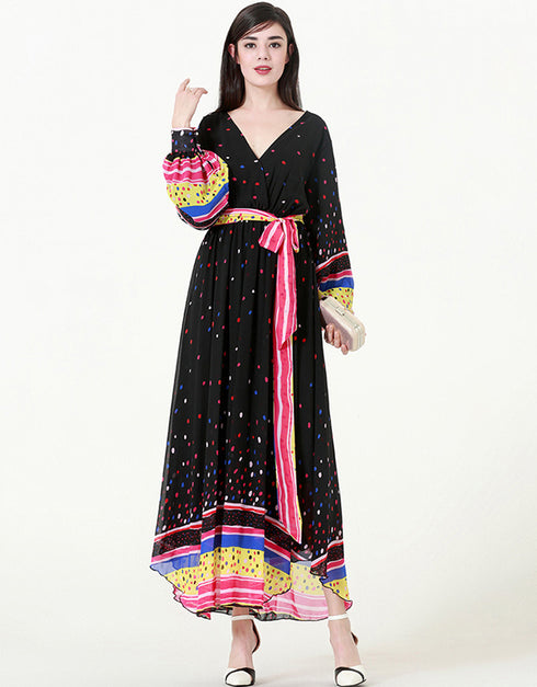 V-Neck Chiffon Muslim Dress with Colorful Polka Dots and Lantern Sleeves